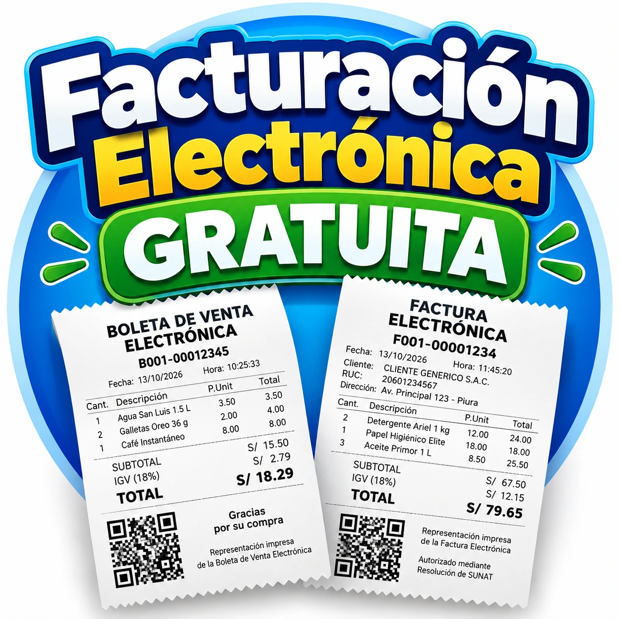 Pieza promocional de facturación electrónica gratuita con boleta y factura ilustrativas