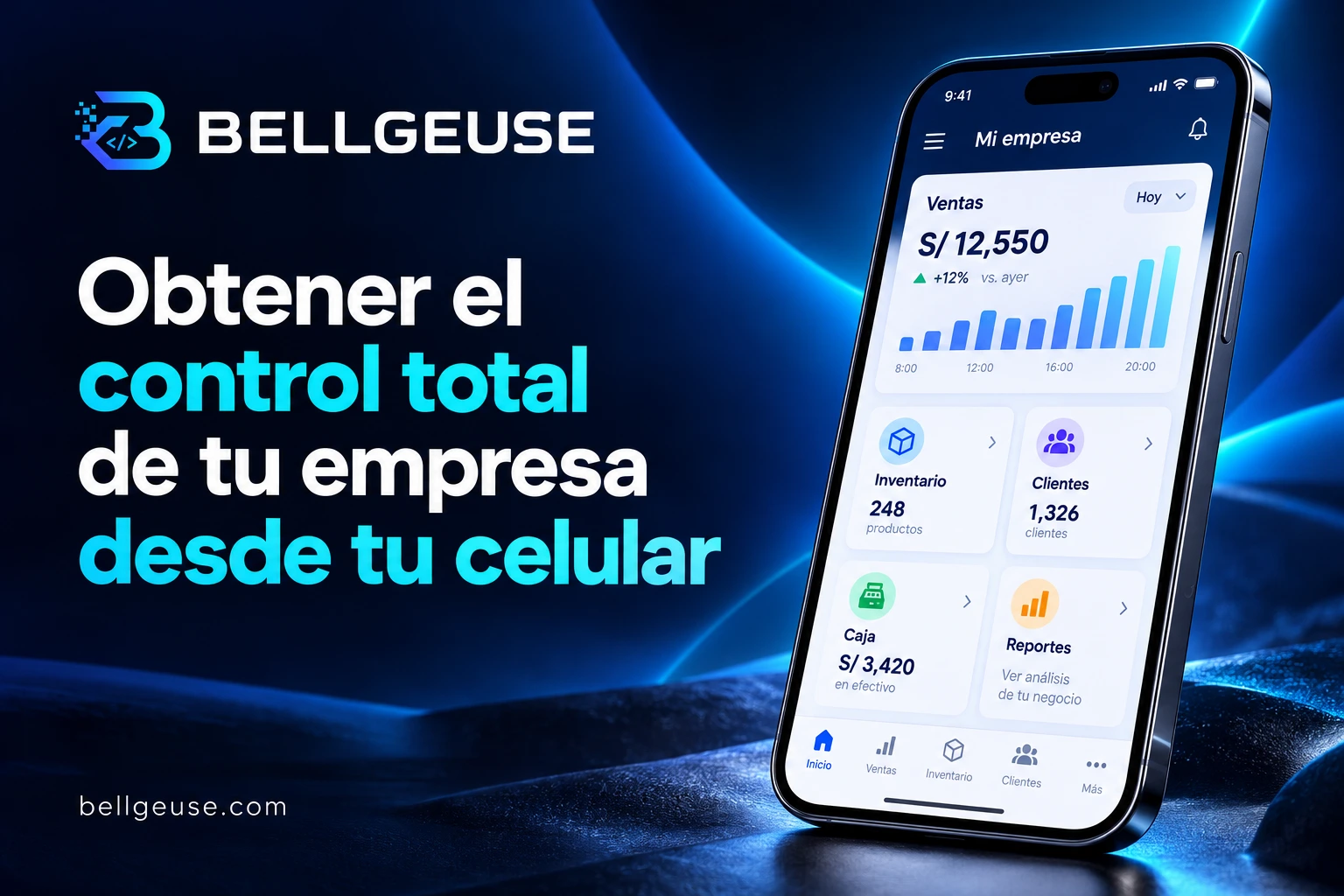 Bellgeuse: Obtener el control total de tu empresa desde tu celular. Teléfono con una app ilustrativa de ventas, inventario, clientes y caja.