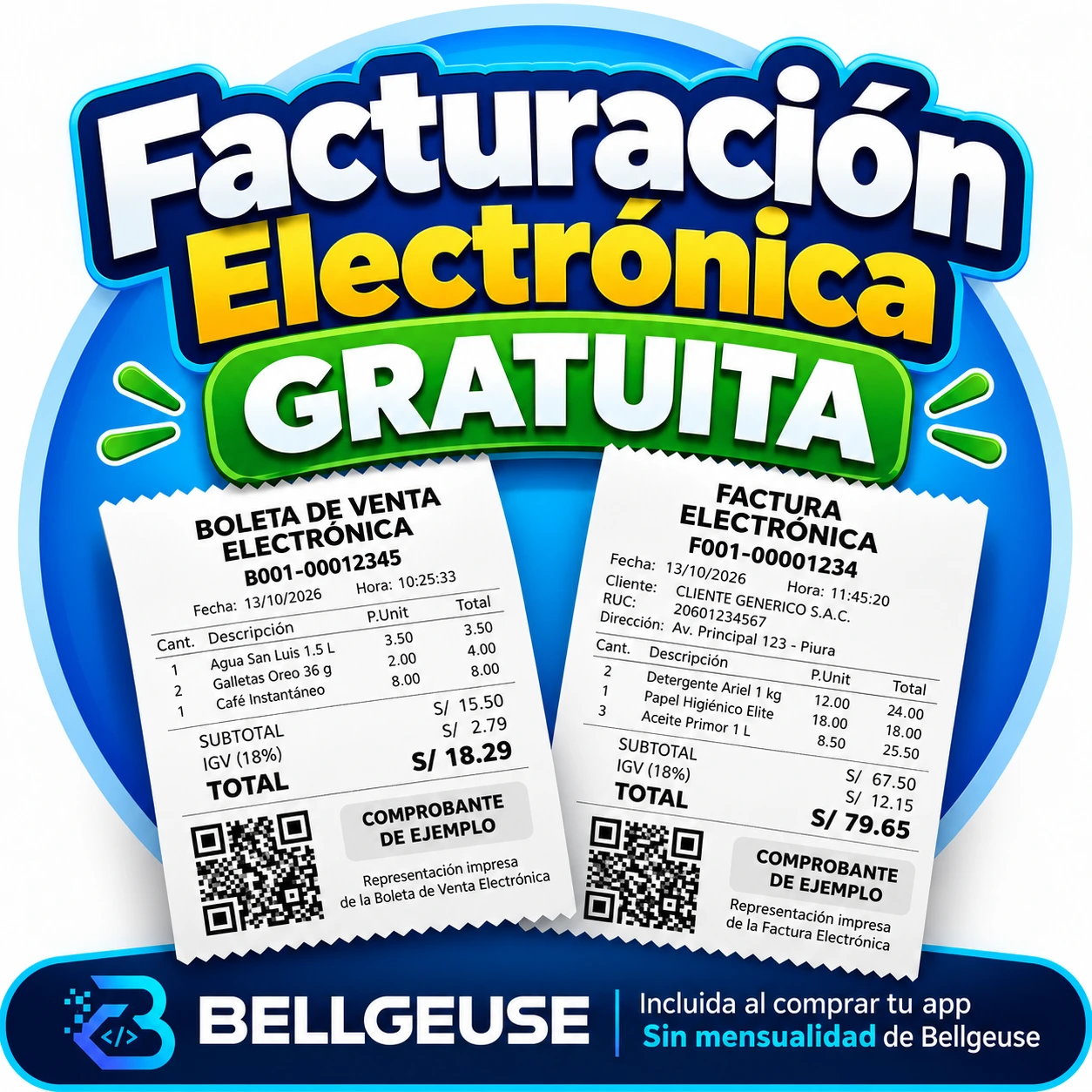Campaña Bellgeuse: facturación electrónica gratuita incluida al comprar tu app, sin mensualidad de Bellgeuse. Boleta y factura de ejemplo.