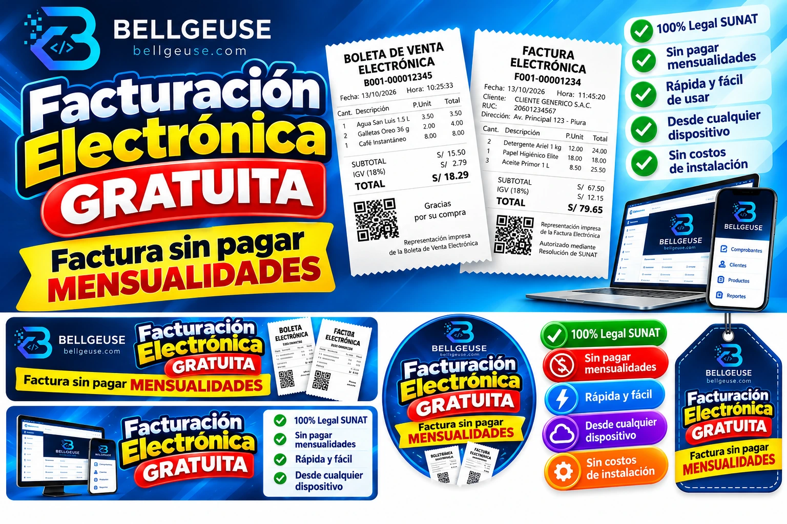 Campaña Bellgeuse: factura sin pagar mensualidades, con ejemplos de comprobantes y dispositivos