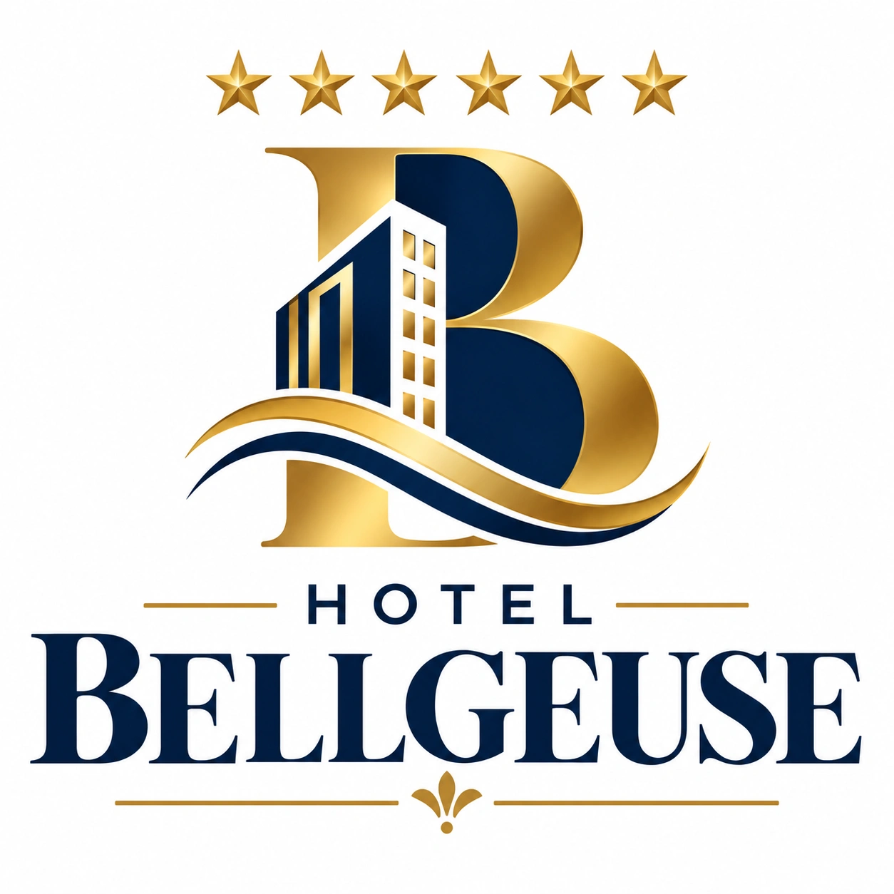Logo de la app Bellgeuse Hotel en azul y dorado con seis estrellas decorativas