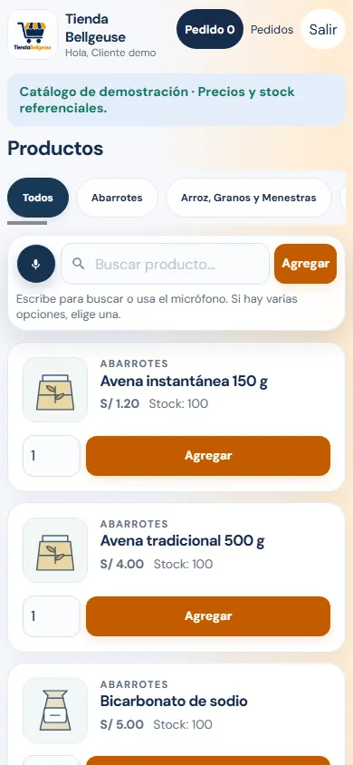Catálogo móvil de Tienda Bellgeuse con búsqueda y productos de demostración