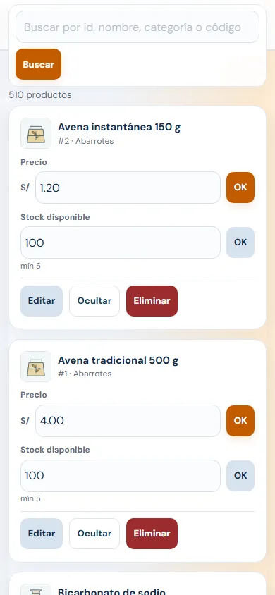 Administración móvil de productos con precios, stock y controles táctiles