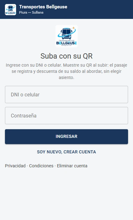 Pantalla de acceso de la aplicación Android para pasajeros