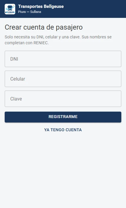 Pantalla de registro de pasajeros en la aplicación Android